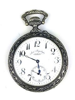 Doxa 1905 Anti -Magnetique large open face silver pocket watch having ornate hound & boar hunting scene decoration on case. Running 4" x 3"