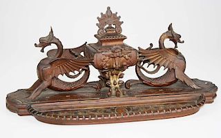 early 20th c French bronze writing stand decorated with griffins, length 15ﾔ, ht 6.5ﾔ, 4 turned feet missing