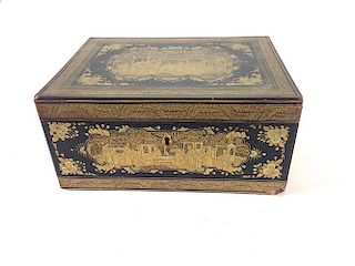 Japanese finely gilt lacquered lift top tea box with pewter engraved interior, missing edge pieces 9"x 6.5" x 4"