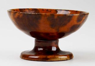 rare early 19th c redware master salt with mottled glaze, possibly CT, dia 3.25ﾔ, ht 1.75ﾔ, Dr Oliver Eastman collection, tiny chip on base