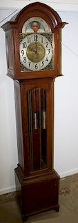 Fine German tall cased grandfather clock, inlaid mahogany, engraved brass dial and moon phase, 3 weight brass movement with chimes, beveled glass door