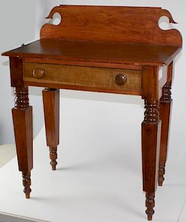 Vermont 1 drawer dressing table, shaped crest, mixed woods. Underhill, Jericho area. 19th c, see Zagrey.