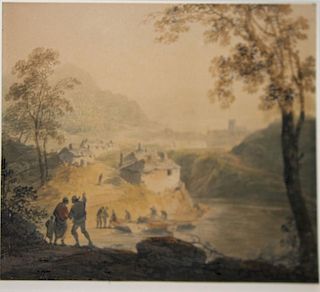 William Payne (English 1760-1830) wc on paper of town scene laid down on later mat 5 x 6"