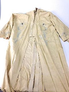 Chinese ca. 1900 linen robe or under robe with white silk 5 toe face dragon back, with other dragons, machine and hand stitched  64" L.