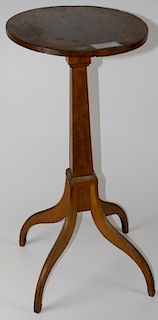 18th - 19th c candle stand maple top unusual delicate 4 leg base. 29"h.