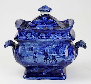 19th c. deep blue Staffordshire historical transferware covered sugar bowl w/scene of "Mount Vernon Seat of the late Gen'l Washington" 6" x 4" x 7"