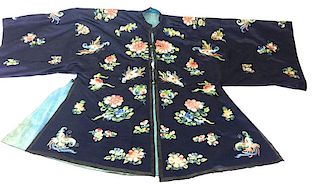 Chinese silk deep blue robe/shirt with whip stitch silk embroidered flowers, light blue lining, brass floral decorated ball buttons 37" L.