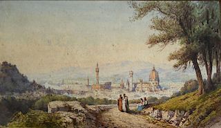 19th C Italian school watercolor of Florence From hills with travellers in forground signed G Carelli? Lower right