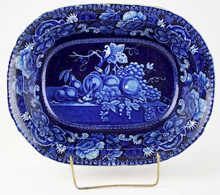 19th c. deep blue Staffordshire transferware oblong serving bowl decorated with fruit, bird, and floral motifs 3" x 10" x 13"-check in rim
