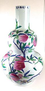 Chinese porcelain gourd form palace vase with blue bird & lavender fruit design, no marks 36.5" ht