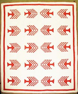late 19th c pine tree pattern quilt, red & white, 7' 1ﾔ x 5' 9ﾔ