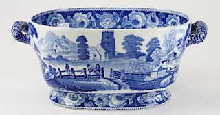 19th c. blue Staffordshire porcelain transferware double handled footed bowl w/English pastoral scene 5.5" x 12" x 8"