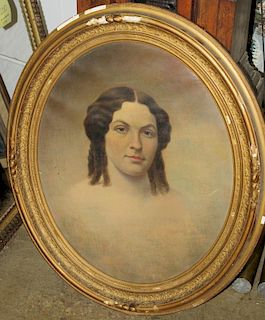 19th c American School portrait of a stern woman painted in spandrel o/c 24 x 20"