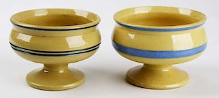 two rare early 19th c mocha ware master salts with blue banded decoration, dia 3ﾔ, ht 2ﾔ,  Dr Oliver Eastman collection, undamaged