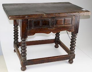 Late 17th c English walnut one drawer tavern table, sausage legs. Top 33"l. 24ﾽ"h.