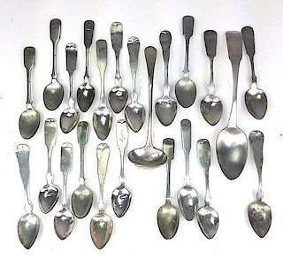 23 American 18th & 19th c. coin silver teaspoons & Moulton coin silver ladle