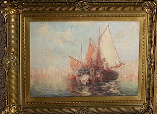 Carl Muller (American 19th c ) Venitian canal with sail boats o/c 16 x 24 signed lower left