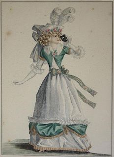Three 18th c French hand colored fashion engravings with women in fanciful costumes, 10 x 7"