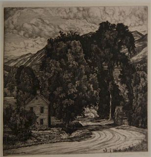 Luigi Lucioni (VT 1900-1988) The crook in the road 9 x 12" engraving signed lower right