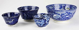 Two early 19th c. deep blue Staffordshire transferware porcelain bowls, and two cups, dia 7.5", 5.5", 4" -1 cup w/crack