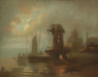 19th c European pastel of boat and windmill in moonlight unsigned and unmarked 6 x9"