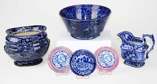 6 pcs 19th c. deep blue Stafforshire incl, creamer, bowl, sugar bowl, three butter pats-all w/damage except creamer and lustre rim butter pats