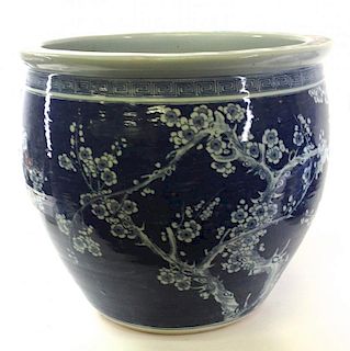 large Chinese 19th c. pot having  deep blue background and plum blossom decoration 19.5" x 21"