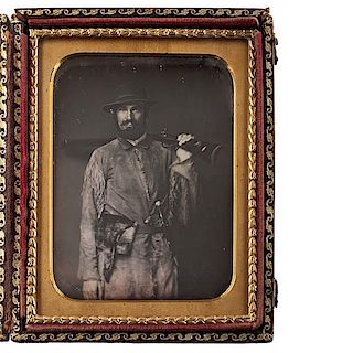 Fine Quarter Plate Daguerreotype of Nathaniel Miller, California Pioneer, Armed and Dressed in Fringed Buckskin Jacket 
