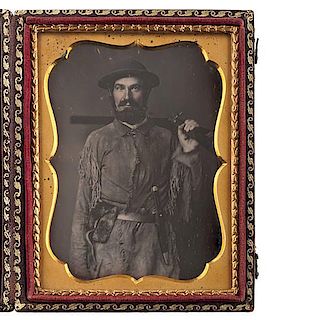 Fine Quarter Plate Daguerreotype of Nathaniel Miller, California Pioneer, Armed and Dressed in Fringed Buckskin Jacket 