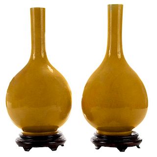 Pair Carved Yellow-Ground Porcelain 黄釉阴刻五龙鹤颈瓶一对,高17.25英寸,雍正款