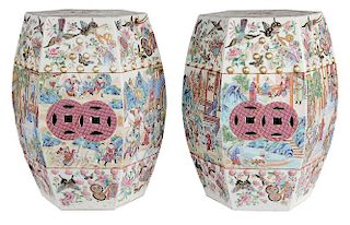 Pair Chinese Export Porcelain Famille 外销瓷粉彩花鸟六边形花园鼓凳一对，19世纪，中国