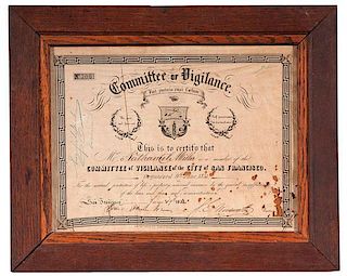 Very Early San Francisco Committee of Vigilance Membership Certificate of Nathaniel Miller 
