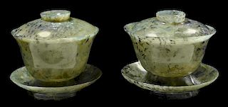 Carved Hardstone Double-Lidded Cups 青玉雕盖碗及托一对，3.125*3.5英寸，20世纪，中国