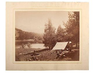 W.H. Jackson Albumen Photograph, "Camp at Mystic Lake," Featuring F.V. Hayden 