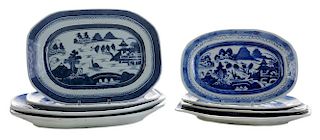 Eight Canton Platters and Stands, 外销瓷广东青花山水纹碟八只，长9-12英寸，19世纪，中国