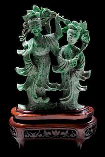 Carved Jade Flower Goddess and 带雕花木托架翡翠持花双美雕件，6.875*5英寸，20世纪，中国