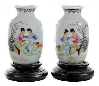 Pair Famille Rose Porcelain 粉彩双美树下读书象腿瓶一对，20世纪，中国