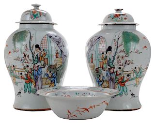 Pair Chinese Famille Rose Porcelain 粉彩人物将军罐一对和粉彩人物大碗，将军罐高16.5英寸，大碗3.5*11.5英寸，19/20世纪,中