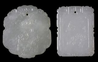 Two Jade Tablet Pendants 翡翠浮雕瑞鹿衔芝和凤穿牡丹玉牌各一，2.125*1.937英寸，中国