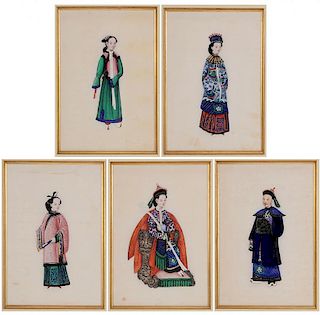 Five Chinese Hand-Painted Watercolors 丝质人物水彩画五幅，17.25*14.5英寸，19世纪晚期，中国