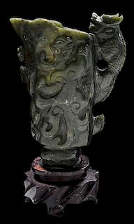 Carved Jade Dragon Libation Cup 青玉浮雕龙凤饕餮纹酒杯带底座，5.75*4英寸，20世纪，中国