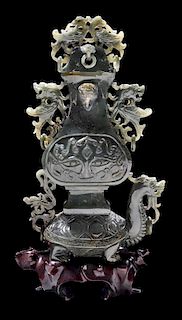 Carved Hardstone Lidded Turtle Vase 青玉雕龙龟驮宝瓶带木雕底座，7.5*4.5英寸，20世纪，中国