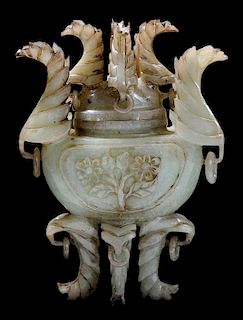 Carved Celadon Jade Covered Footed 青玉雕蕉叶四足双耳香炉，5.75英寸，19/20世纪,中国