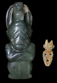 Green Jade Figural Pendant with a 青玉雕部分钙化人物挂件两件，分别高3.25英寸和1.125英寸，或中国