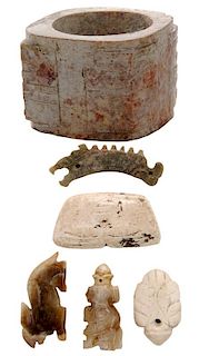 Carved Jade Neolithic Style Kong 玉琮/玉马/玉龙/玉面具共五件,最大的2.125*2.375英寸,或中国古代