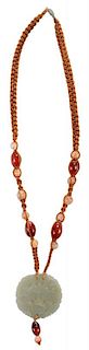 Necklace with Carved and Pierced 玉牌挂件玉珠编绳项链，玉牌大小2x2125x0.125英寸,项链长26.5英寸,20世纪早期,中国