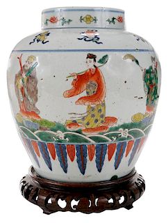 Five-Color Wucai Porcelain Baluster- 五彩八仙过海蕉叶纹石榴瓶，11.5英寸，中国，宝鼎雅玩款