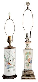 Two Chinese Famille Verte Vases 粉彩人物象腿瓶灯座两只，分别高16.25英寸和17.25英寸，19/20世纪,中国