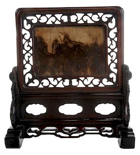 Carved Hardwood Table Screen with 大理石桌屏和硬木（可能黄花梨）托架，13.5*13英寸，18/19世纪,中国