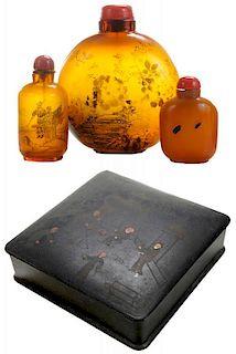 Three Chinese Amber Snuff Bottles, 琥珀鼻烟壶三只和漆盒，鼻烟壶最大的高6.75英寸，漆盒大小2*7英寸，19世纪，中国